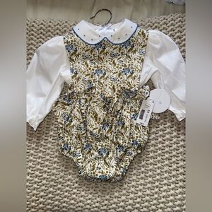 NEW Edgehill Floral Baby Bubble Romper with White Sleeves and Collar size 9m